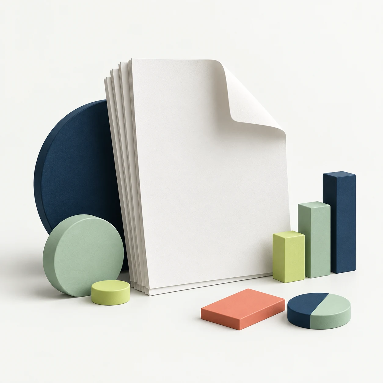 Sculptural paper sheets and planning shapes in ink, sage and lime